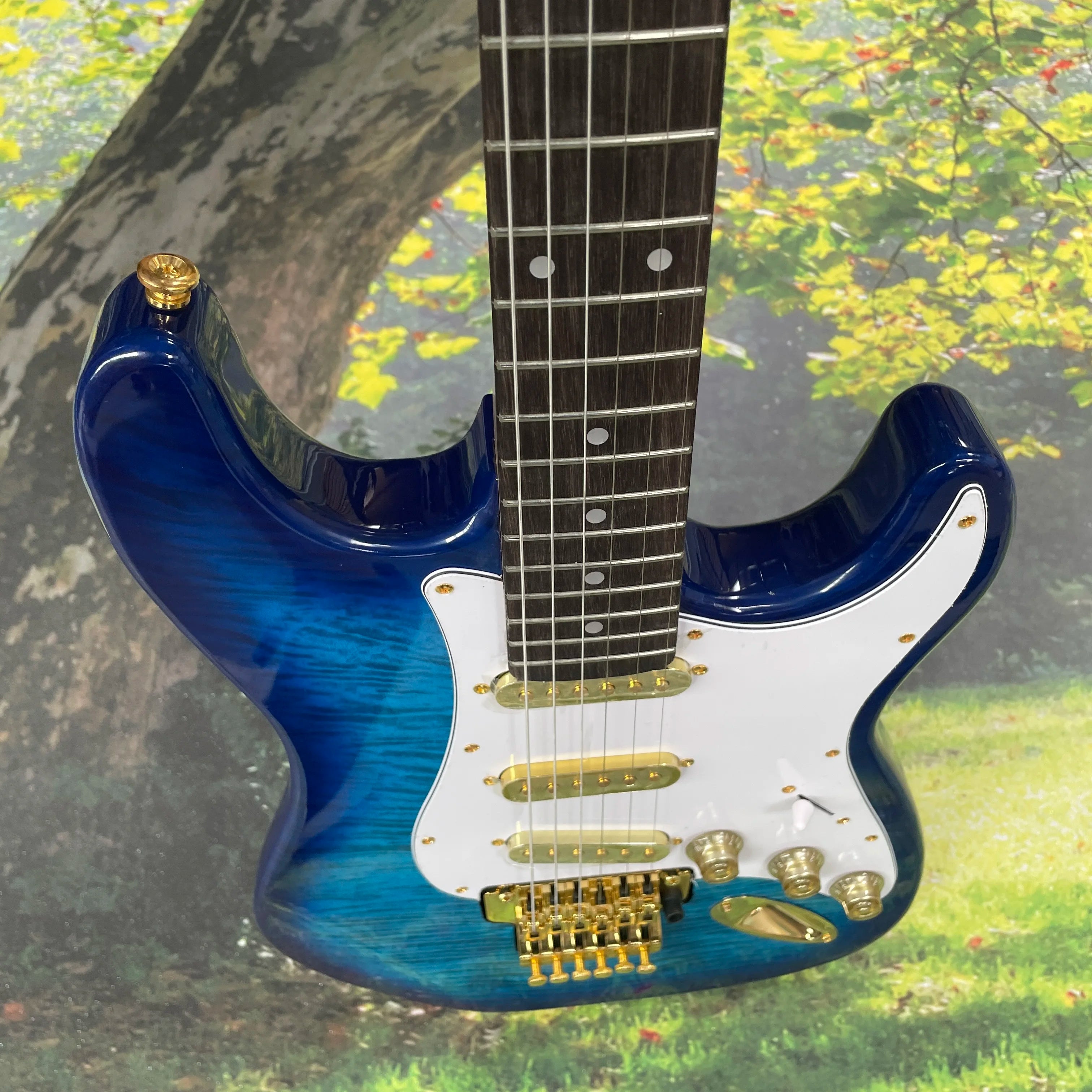 Blue  electric guitar, gold hardware guitars 6 strings guitarra