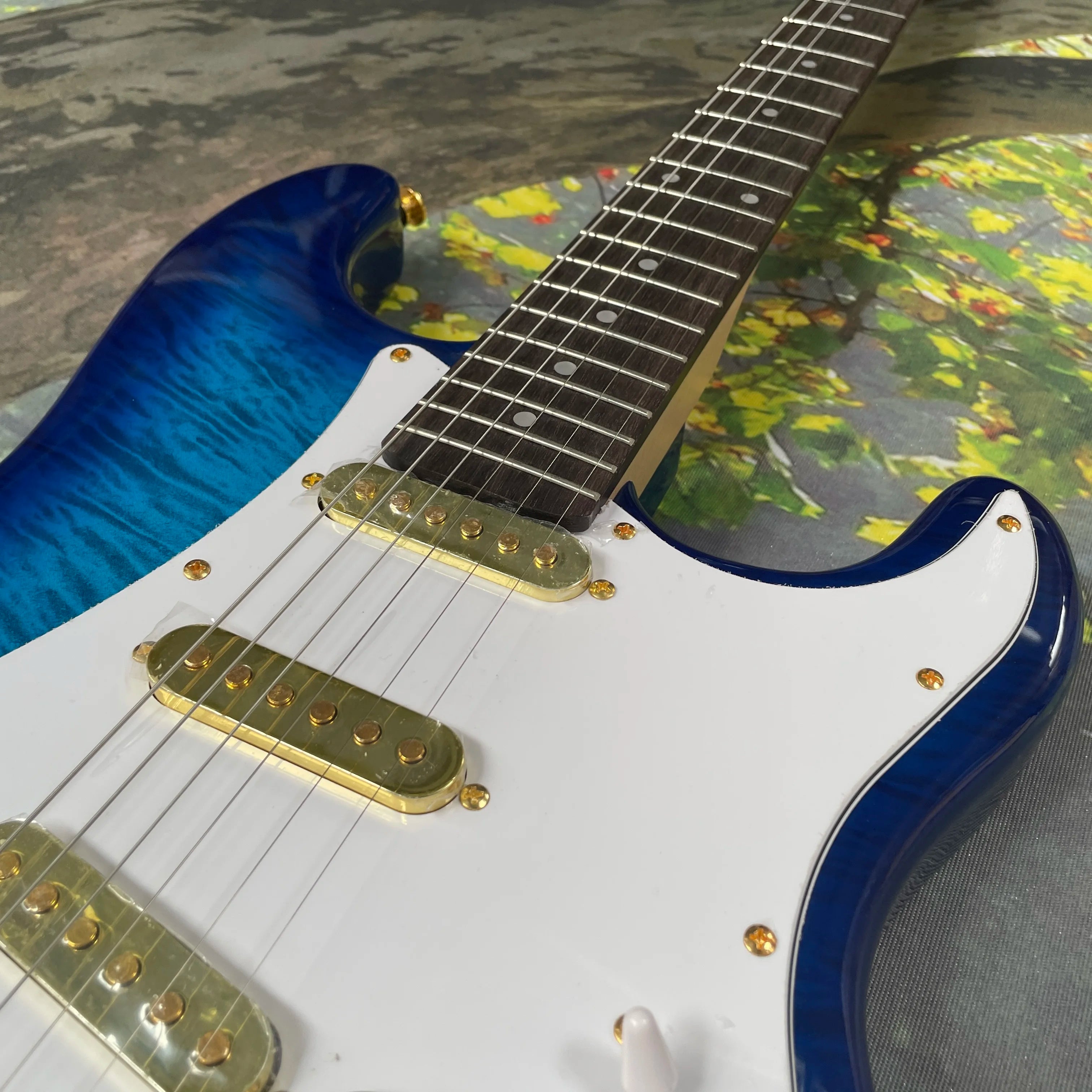 Blue  electric guitar, gold hardware guitars 6 strings guitarra