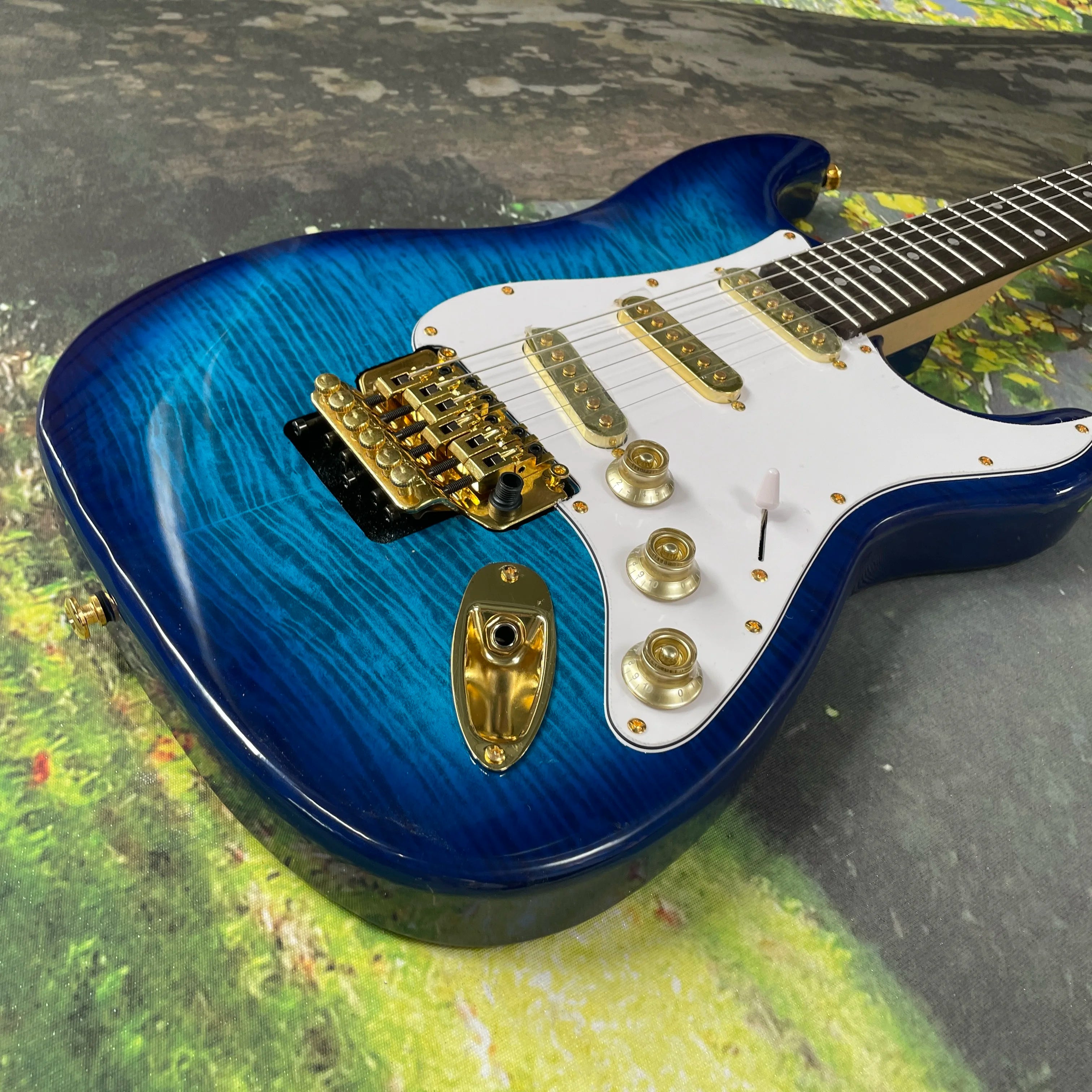 Blue  electric guitar, gold hardware guitars 6 strings guitarra