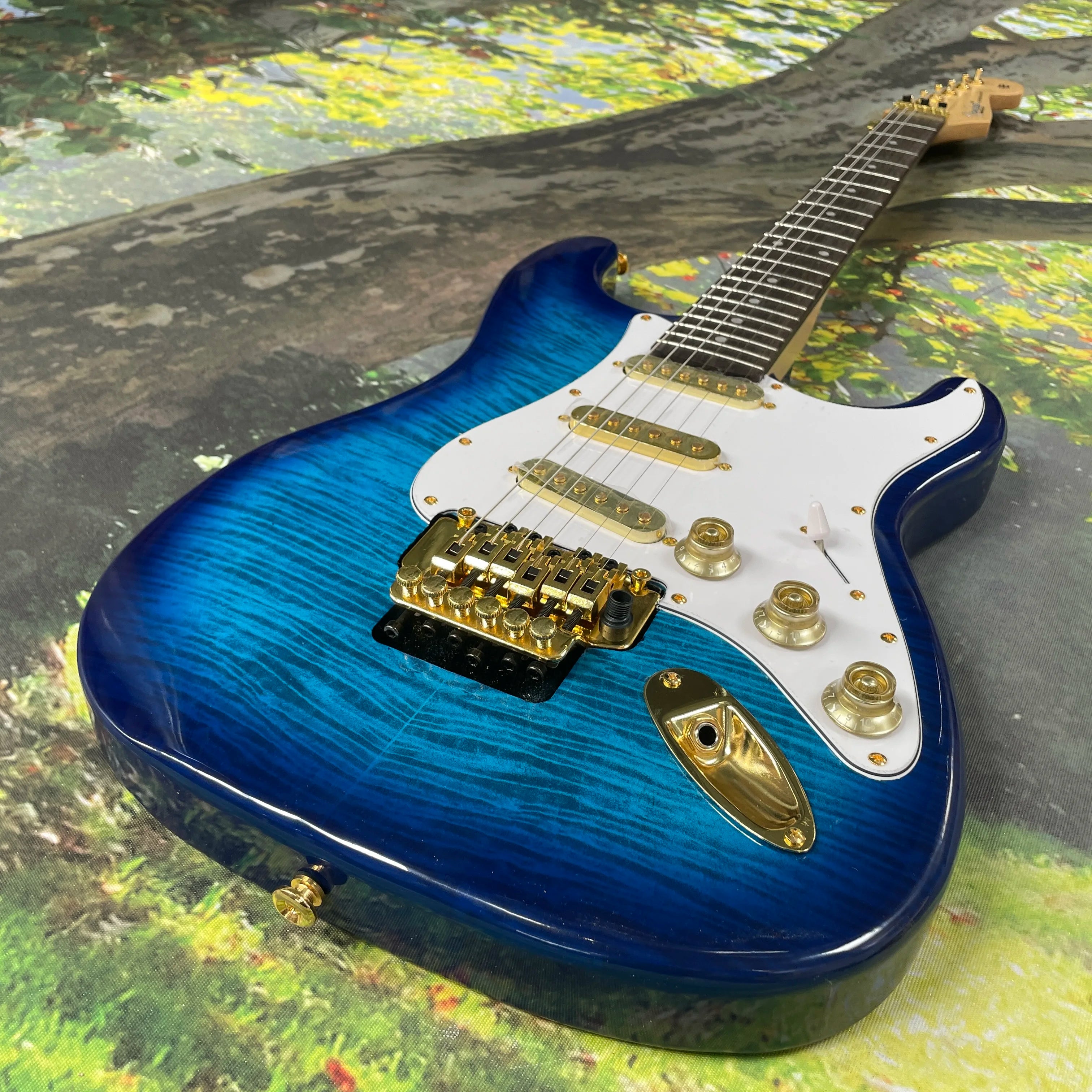 Blue  electric guitar, gold hardware guitars 6 strings guitarra